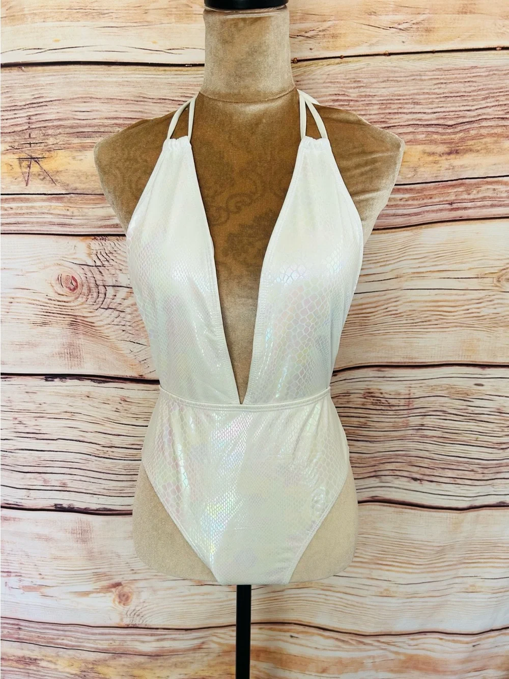 SHEIN White Snakeskin Print Iridescence Plunging One-Piece Swim Suit L NWT